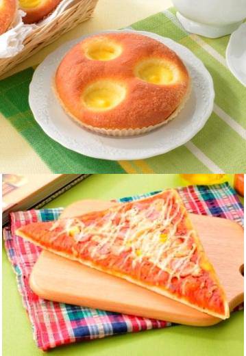 ↑ ブリオッシュクリームパン(上)とサラミソーセージピザ(下)