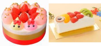 ↑ いちごのショートケーキ(ほっぺちゃんのおまけつき)(左)とこどもの日 こいぼのりロールケーキ(右)