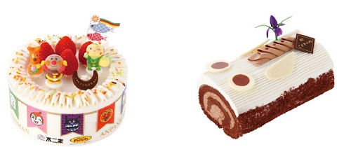 ↑ 「それいけ! アンパンマンショートケーキ(こどもの日)」(左)と「こいのぼりのロールケーキ(長さ15センチ)」(右)