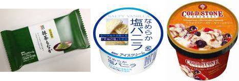 ↑ 左から「セブンプレミアム 抹茶もなか」「森永乳業 なめらか塩バニラ」「コールド・ストーン・クリーマリー グラマラスチーズケーキファンタジー」