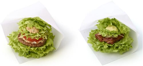 ↑ モスの菜摘 モス野菜 オーロラソース仕立て(左)とモスの菜摘 テリヤキチキン(右)
