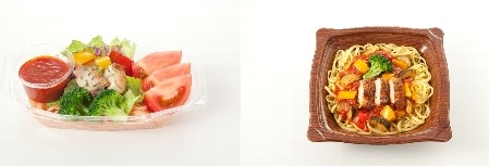 ↑ 商品の一例。完熟トマトソースの生パスタサラダ(左)と生パスタ　彩り野菜とグリルチキンの完熟トマトソース(右)