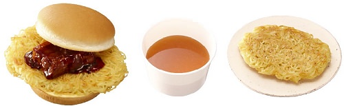 ↑ 左から麺屋武蔵ラーメンバーガー、特製スープ(おかわりスープ)、替え玉