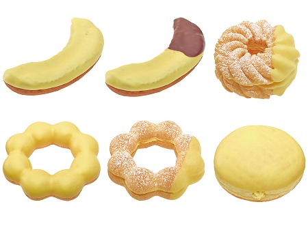 ↑ バナナドーナツ(上段左からバナナファッション、チョコバナナファッション、バナナホイップフレンチ。下段左からポン・デ・バナナ、ポン・デ・バナナホイップ、バナナホイップ)