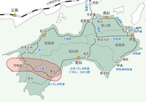 ↑ JR四国管轄と予土線(赤領域内)
