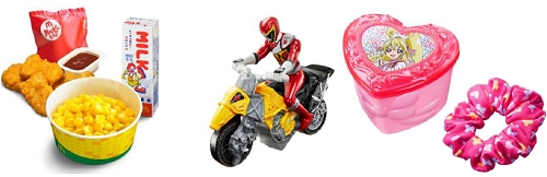 ↑ ハッピーセット(イメージ)(左)と、キョウリュウジャー(中)・ドキドキ! プリキュア(右)おもちゃ一例