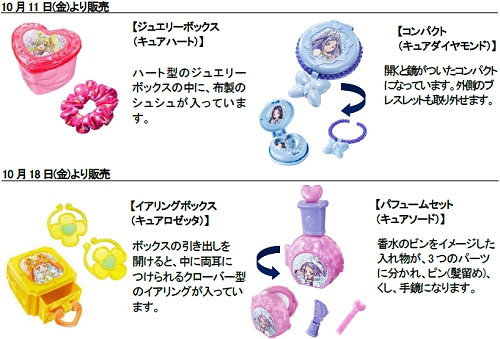 ↑ ドキドキ! プリキュアのおもちゃ一覧。「ジュエリーボックス(キュアハート)」「コンパクト(キュアダイヤモンド)」「イアリングボックス(キュアロゼッタ)」「パフュームセット(キュアソード)」