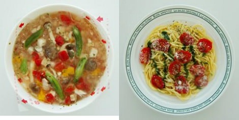 ↑ カラフル野菜のスープパスタ(左)とプチトマトのペペロンチーノ(バジルソース)