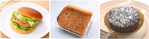 ↑ 左から「ブランサンドサーモン&クリームチーズ(サンドイッチ)」「ブランの紅茶シフォンケーキ(パン)」「ブランのガトーショコラ(スイーツ)」
