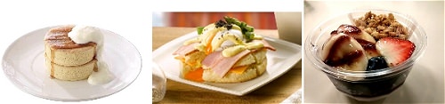 ↑ 左から厚焼きパンケーキ、エッグベネディクト、アサイーボウル
