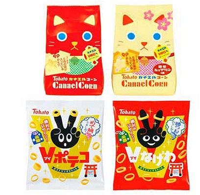 ↑ 「カナエルコーン」「カナエルコーン・幸せたっプリン味」「Vポテコ・めで鯛うましお味」「Vなげわ・勝つおのりしお味」