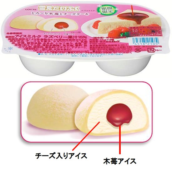 ↑ 雪見だいふくスペシャリテとろーり木苺とチーズケーキとその断面図