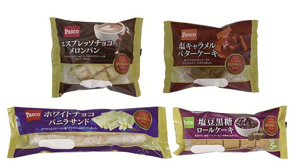 ↑ 上段左から「エスプレッソチョコメロンパン」「塩キャラメルバターケーキ」、下段左から「ホワイトチョコバニラサンド」「塩豆黒糖ロールケーキ」