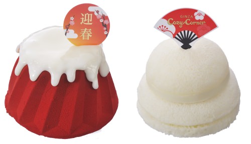 ↑ 「初夢の赤富士ケーキ」(左)と「鏡餅ケーキ」(右)