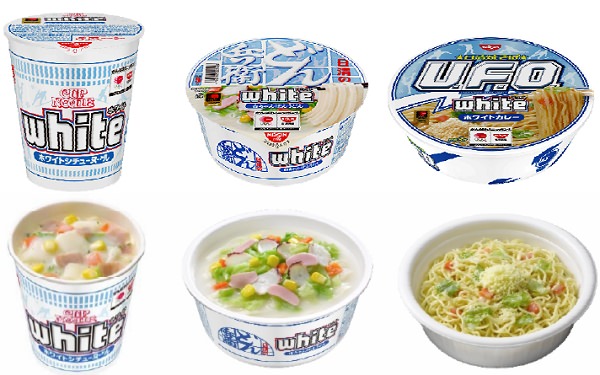 ↑ 左から「カップヌードル white ホワイトシチューヌードル」「日清のどん兵衛 white 白ちゃんぽんうどん」「日清焼そばU.F.O. white ホワイトカレー」
