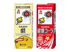 ↑ 「紀文 豆乳飲料 梨」(左)と「紀文 豆乳飲料 健康コーラ(右)