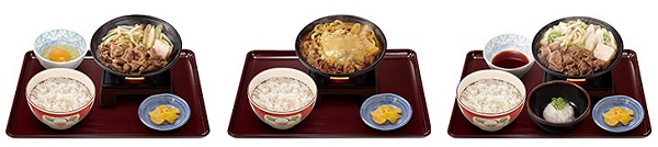 ↑ 左から「牛すき鍋定食」「とろーりチーズカレー鍋定食」「野菜たっぷり牛ちり鍋定食」