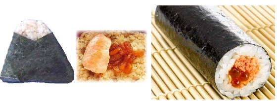 ↑ 秋田のうまい! 鮭しよっつる漬焼(左)と手巻寿司 秋田産鮭といくら(右)
