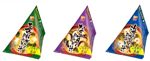 ↑ 三角パックごちそう具材シリーズ。左から「長ねぎのおみそ汁」「なすのおみそ汁」「海苔のおみそ汁」