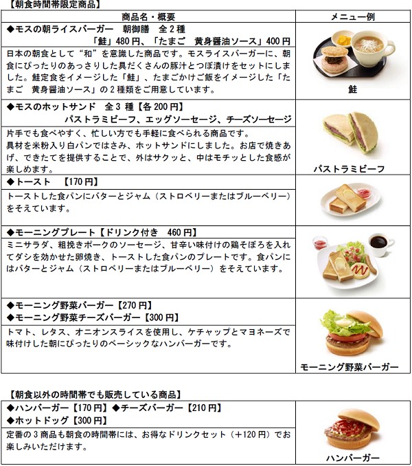 ↑ 「おはよう朝モス」のラインアップ