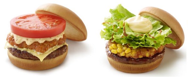 ↑ 左から「リッチモスチーズバーガー ゴルゴンゾーラチーズソース」「テリヤキバーガー コーンの香ばし揚げ」