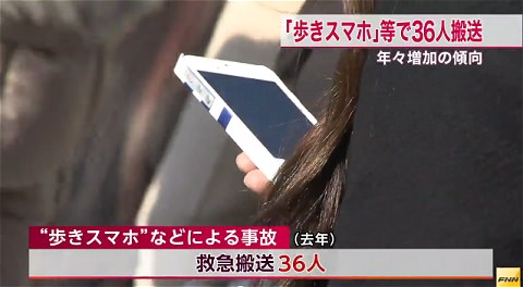 ↑ 東京都内において「歩きスマホ」などによる事故が増加しているとの報道映像。