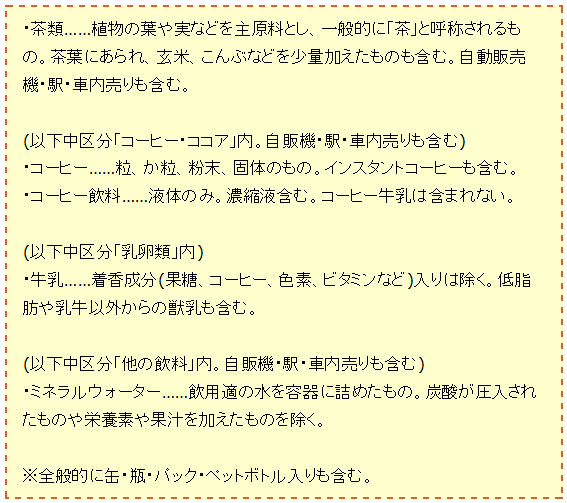 ↑ 「茶類」「コーヒー」「コーヒー飲料」「牛乳」「ミネラルウォーター」詳細