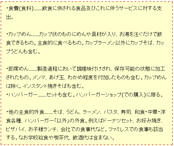 ↑ 「カップめん」「即席めん」「ハンバーガー」「他の主食的外食」「食費(食料)」の具体的内容