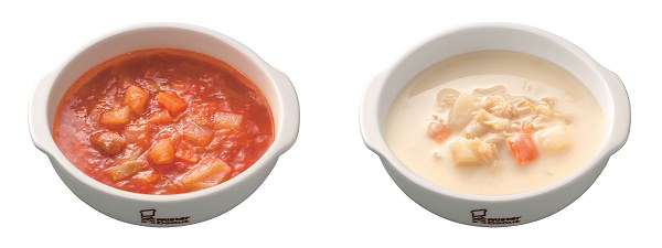 ↑ 野菜を食べるミネストローネ(左)と小柱と野菜のクリームチャウダ(右)