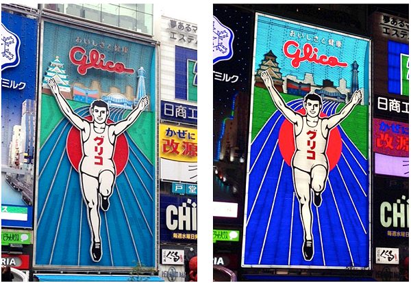 ↑ 現在展開中の大阪道頓堀「グリコ看板」。左が昼間、右が夜間・ネオン点灯時