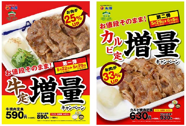 ↑ 「牛焼肉定食」「カルビ焼肉定食」の肉の量が1週間限定で増量される