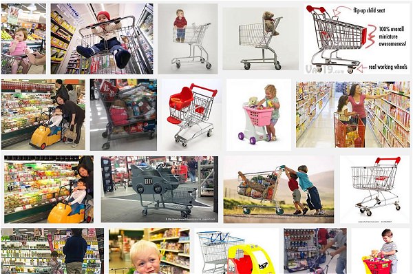↑ 「shopping cart child」(英語で「ショッピングカート」「子供」)で画像検索をした事例。子供に配慮したものもあれば、「これは今すぐにでも事故を起こしかねない」というものも
