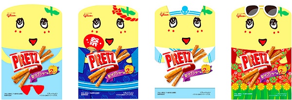 ↑ プリッツ<梨汁ブシャー味 2nd>は4種類のパッケージ。左から「ノーマル」「浴衣」「マリン」「バカンス」