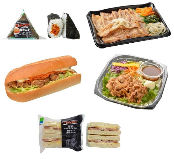 ↑ 上段左から韓国風味付海苔 豚キムチ、三元豚のねぎ塩豚カルビ弁当(麦飯)。中段左からベジサンド(ポークジンジャー)、三元豚のポークジンジャーディッシュサラダ。下段厚ぎりベーコンマフィン