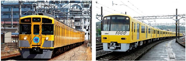 ↑ 左から塗色変更前の西武鉄道9000系車両と京急電鉄のKEIKYU YELLOW HAPPY TRAIN