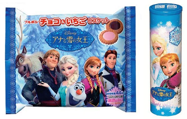 ↑ 左からチョコ&いちごビスケットFS(アナと雪の女王)、ポテトチップしお味(アナと雪の女王)