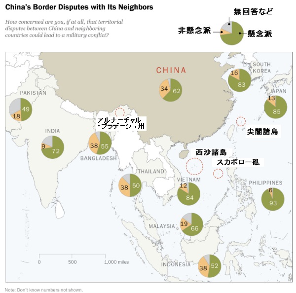 ↑ 概要マップにおける「中国における近隣諸国との領土紛争が軍事衝突につながる可能性について、どの程度懸念をしているか(2014年春)」と主要問題地域