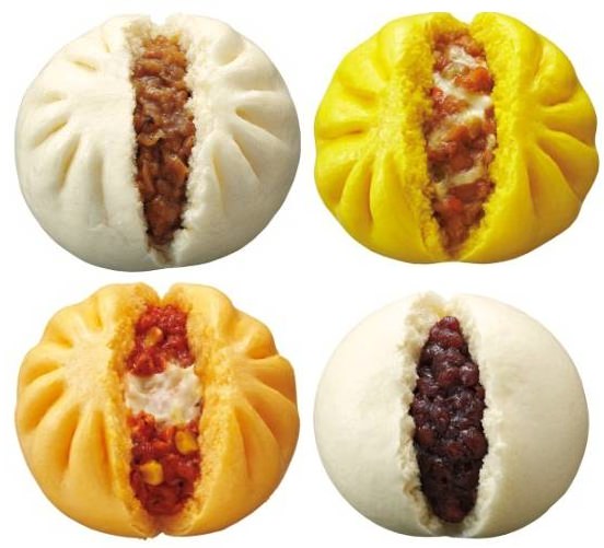 ↑ 上段左から肉まん、CoCo 壱番屋監修チーズカレーまん。下段左からピザ世界チャンピオン監修ピッツァまん、あんまん(北海道産小豆使用)