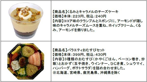 ↑ くるみとキャラメルのチーズケーキ(上)とバラエティおむすびセット(下)