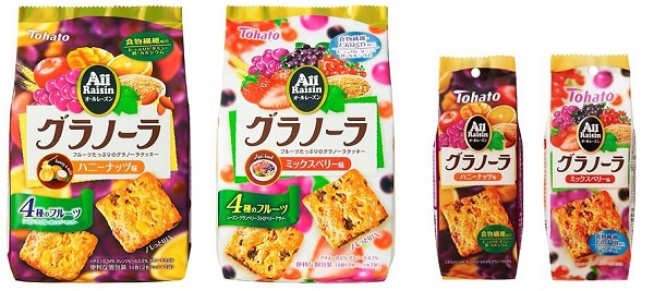 ↑ 左から「オールレーズングラノーラ・ハニーナッツ味」「オールレーズングラノーラ・ミックスベリー味」、それぞれの食べ切り6枚サイズ