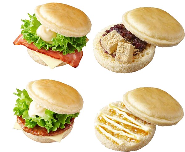 ↑ 上段左からベーコン＆チーズサンド（パンケーキ風）、あずき＆わらびもちサンド（パンケーキ風）。下段左からソーセージ＆チーズサンド（パンケーキ風）、メープル風シロップ＆マーガリンサンド（パンケーキ風）