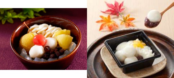 ↑ 左から「さつま芋餡の秋あんみつ」「クリーム白玉ぜんざい(栗入り)」