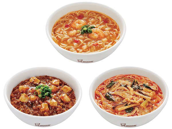 ↑ 上段「海老湯麺(エビタンメン)」、下段左から「麻婆豆腐麺(マーボードウフメン)」「酸辣湯麺(スーラータンメン)」