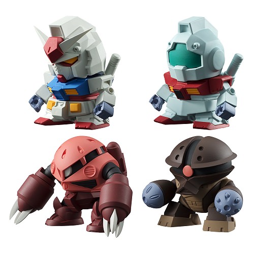 ↑ モビルスーツは4種類。上段左から「ガンダム」「ジム」、下段左から「シャア専用ズゴッグ」「アッガイ」