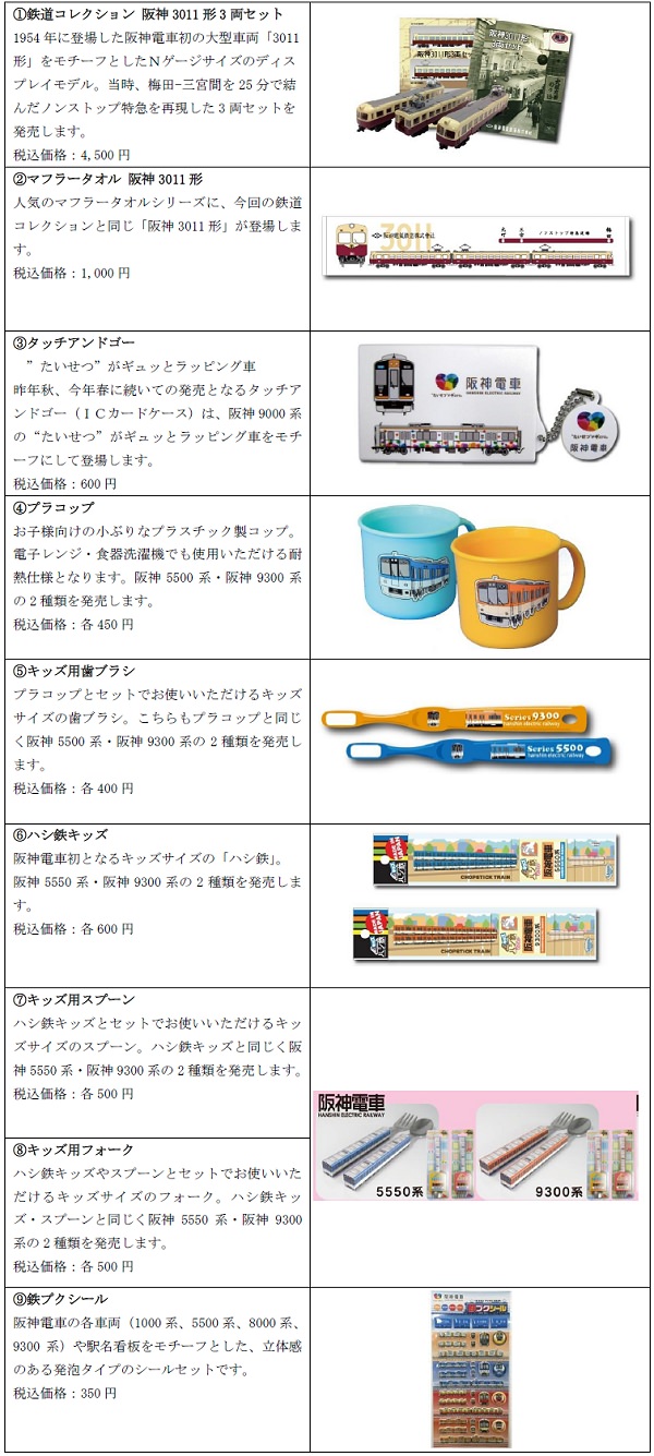 ↑ 新発売の商品一覧。阪神電車各駅長室での取扱商品は1番から3番の商品のみ