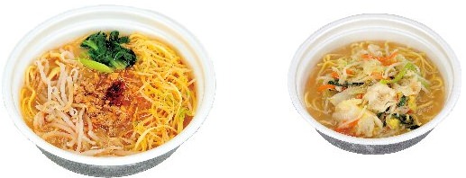 ↑ 左から「食物繊維入り麺使用　レンジ坦々麺」「食物繊維入り麺使用　レンジタンメン」