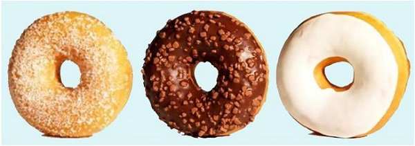 ↑ フランス産リングドーナツ3個パック。左からシュガー、チョコ、ホワイトコーティング