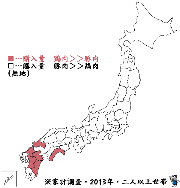↑ 都道府県別・「豚肉」「鶏肉」の年間消費(購入)分量の高低(2013年)