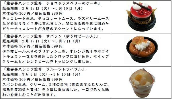 ↑ 熊谷シェフ監修スイーツ3種「チョコ＆ラズベリーのケーキ」「サバラン（伊予柑ピール入）」「フルーツトライフル」