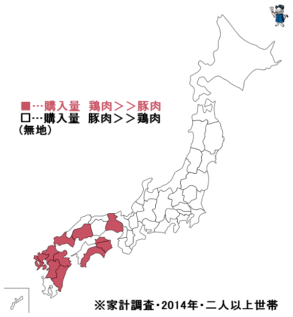 ↑ 都道府県別・「豚肉」「鶏肉」の年間消費(購入)分量の高低(2014年)